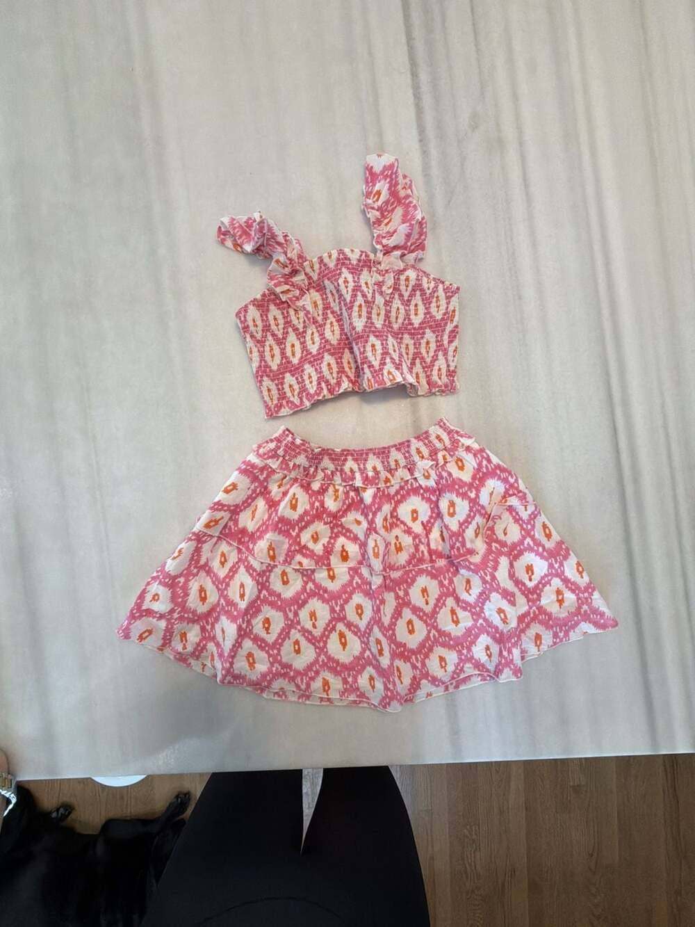 Girl’s Pink and White Ikat Print Smocked Crop Top and Skirt Two-Piece Set